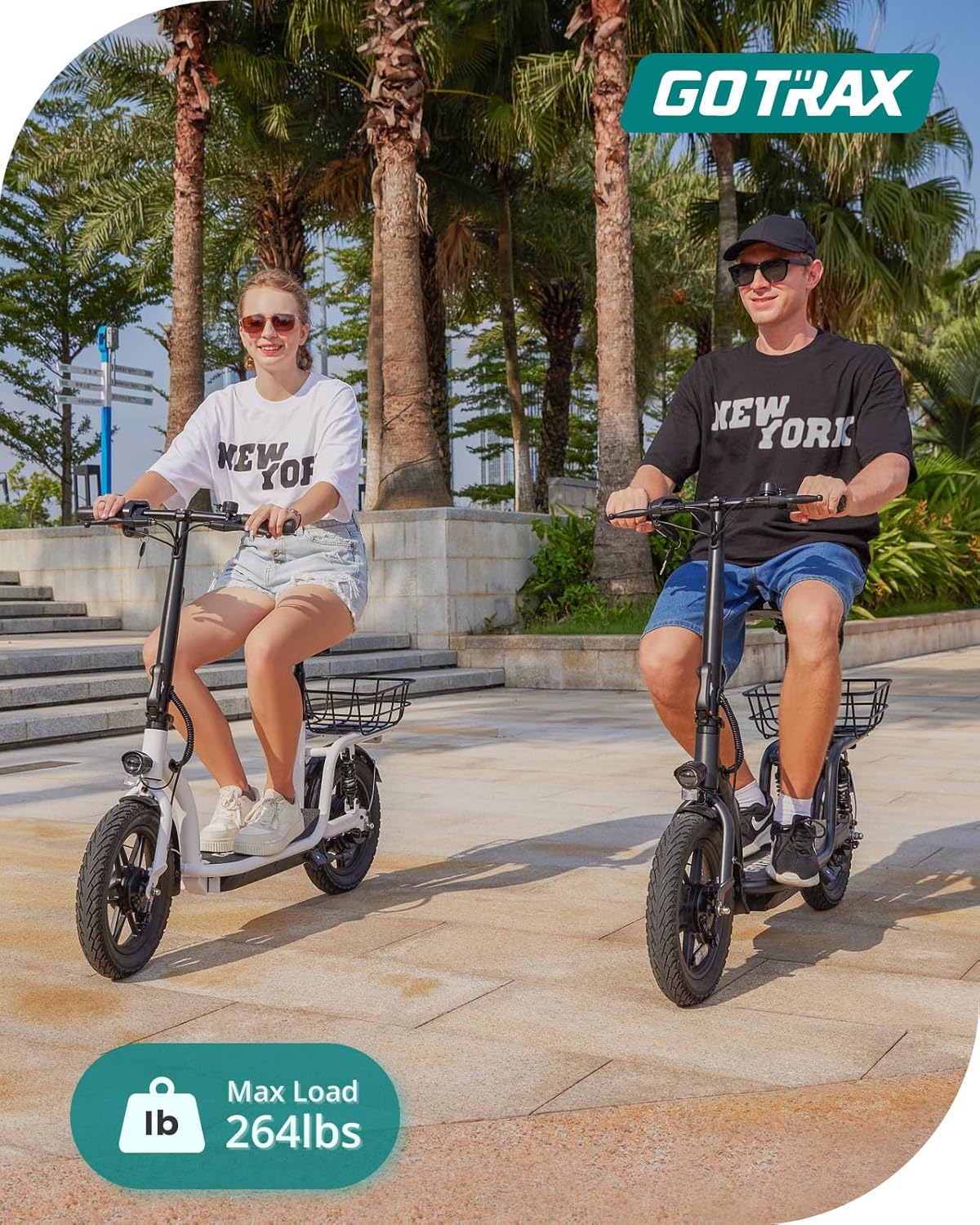 Gotrax adult electric scooter with seat maximum range of 19-25 miles all-terrain tires wide pedals wourant