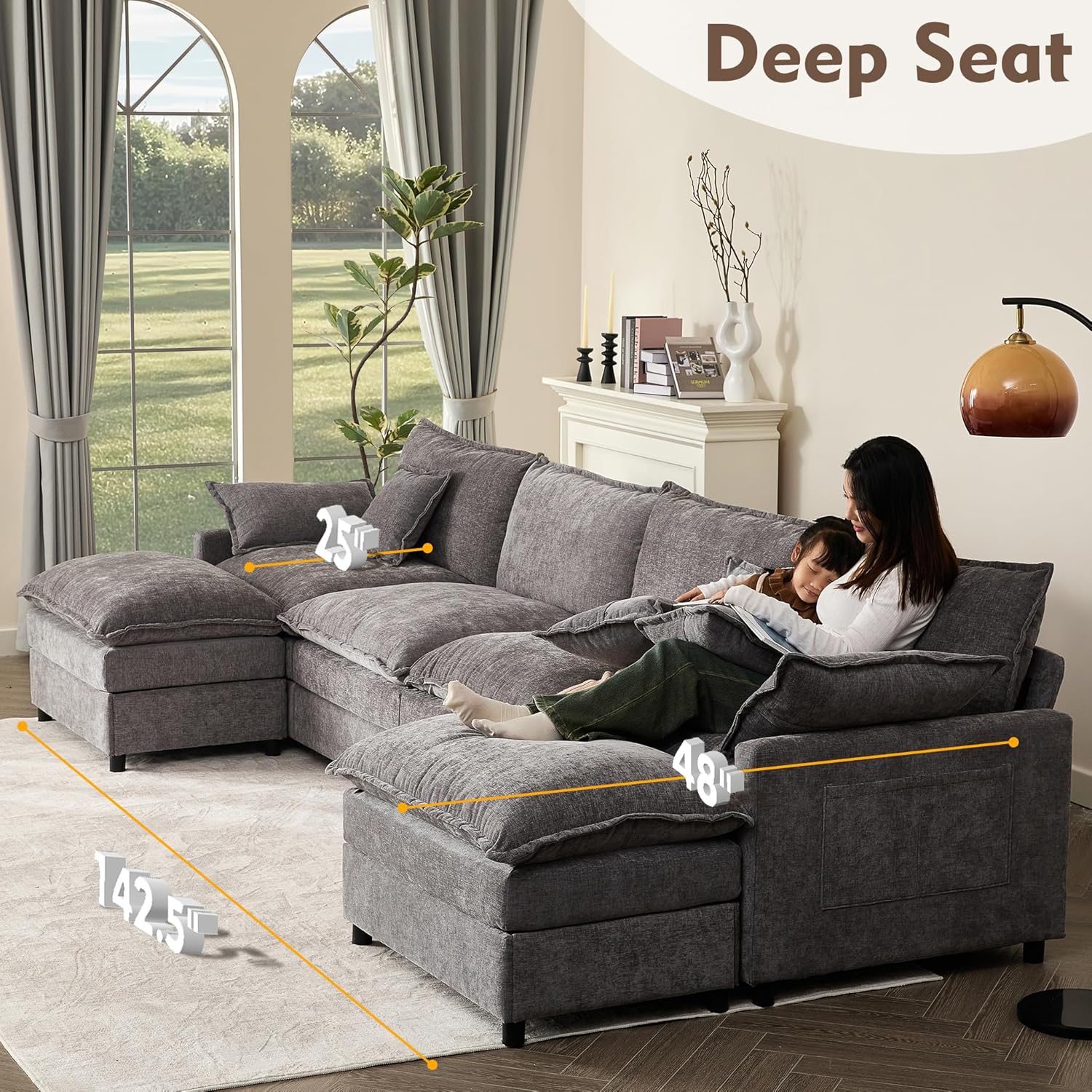 108 Inch U Shape Sofa Sectional Sofa Comfortable Cloud Sofa Living Room Deep Seat Sofa wourant