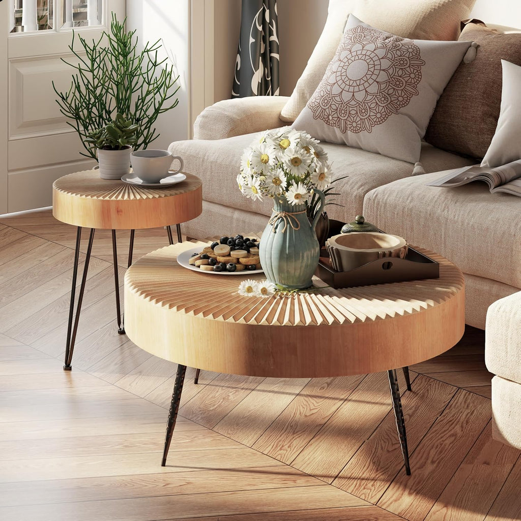 Two-Piece Modern Farmhouse Living Room Coffee Table Set Round Nesting Tables wourant