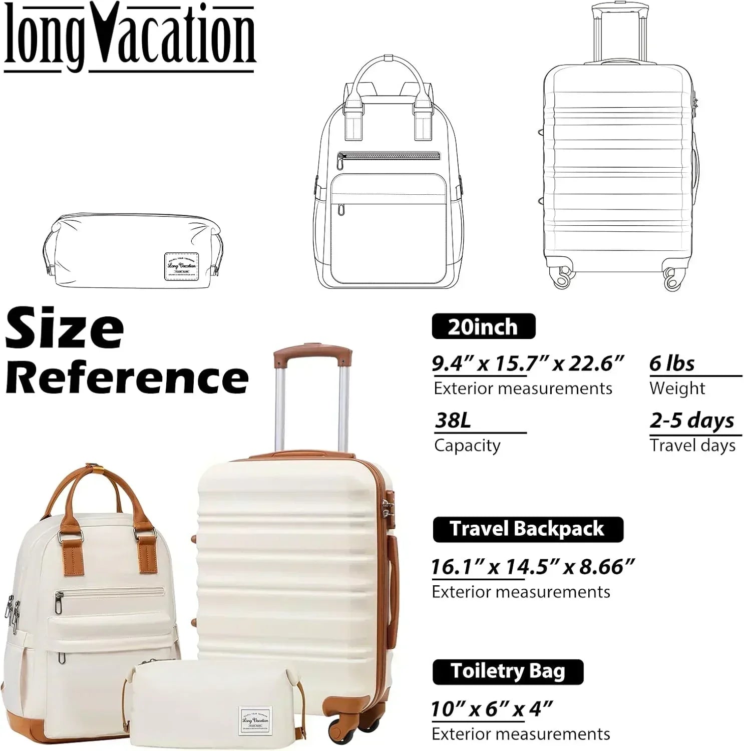 LONG VACATION 6 Piece Luggage Set Carry on Suitcase with ABS+PC hardshell Spinner Wheels wourant