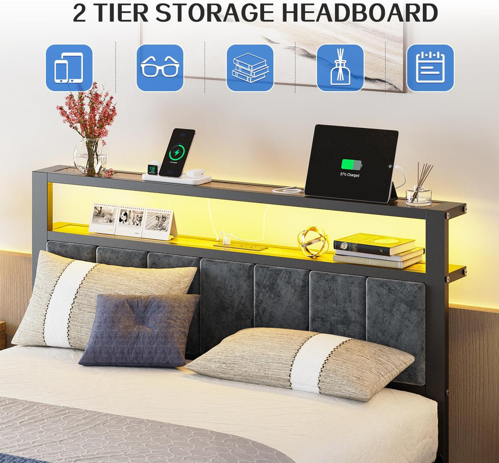 Queen Size Bed Frame with 2-Tier Storage Shelves Headboard Platform Bed with Charging Station wourant