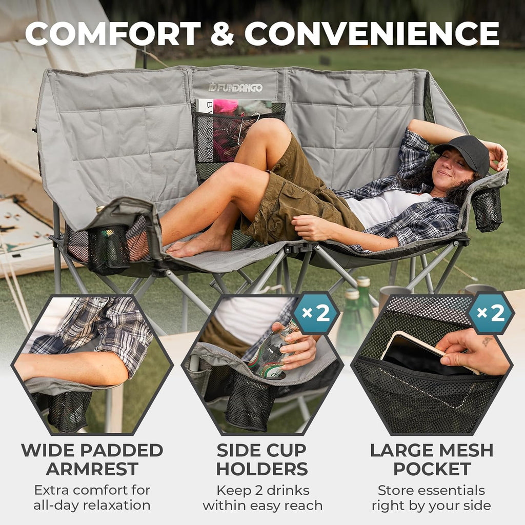 Double Camping Chair Cooler 3-Person Folding Extra Large Camping Chair 1000-Pound Capacity wourant