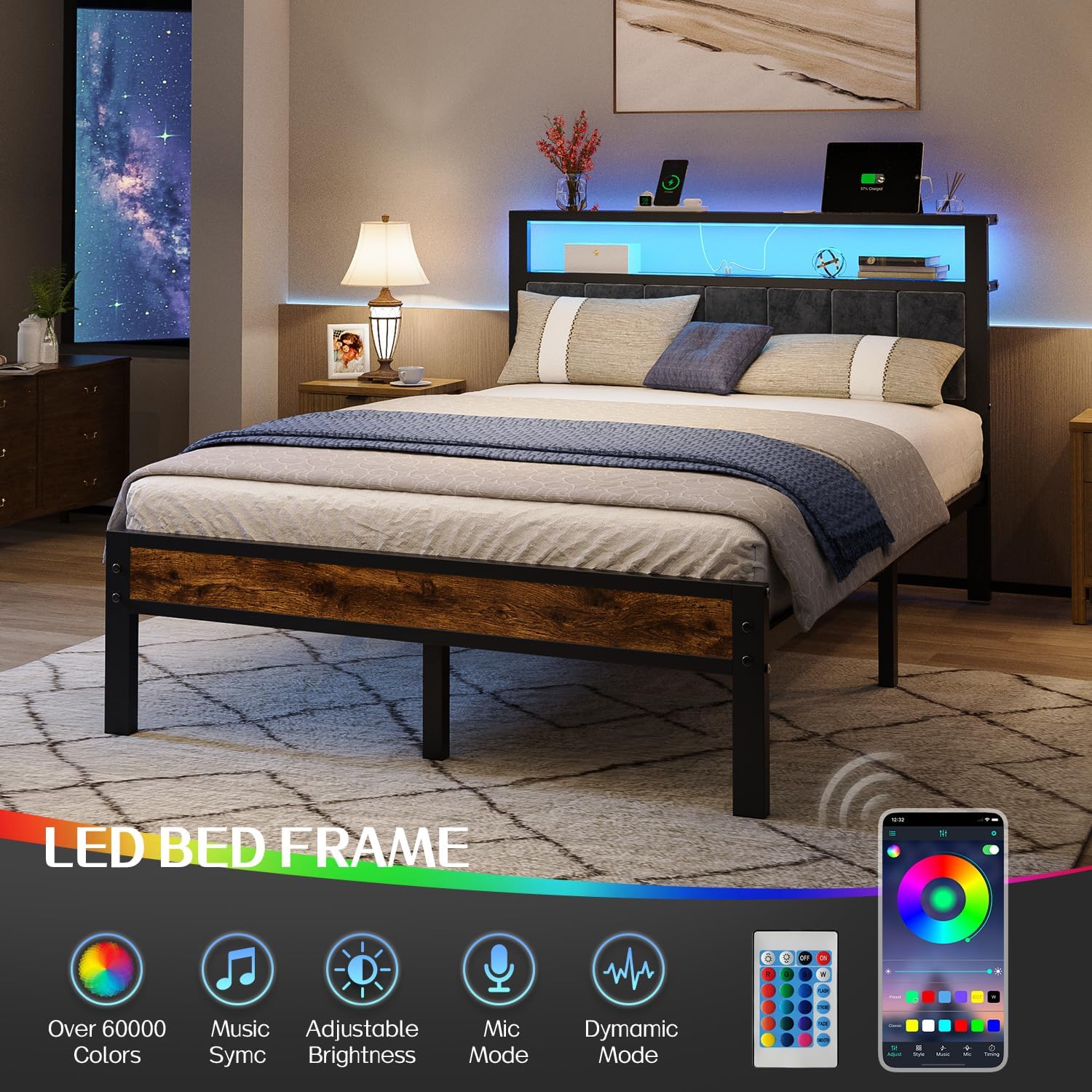Queen Size Bed Frame with 2-Tier Storage Shelves Headboard Platform Bed with Charging Station wourant