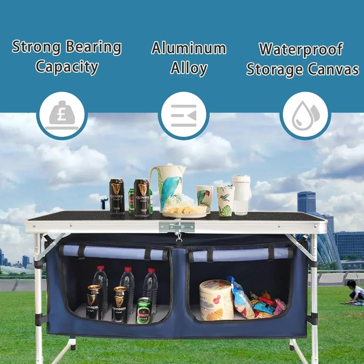 Outdoor Folding Table Aluminum Lightweight Height Adjustable with Storage Organizer wourant