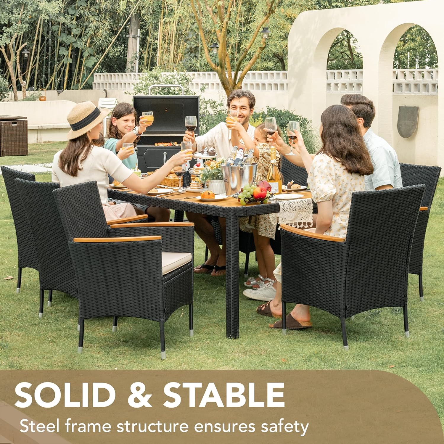 Devoko Dining 7 PCS Furniture Patio Conversation Set with Acacia Wood Table Top Rattan Outdoor wourant