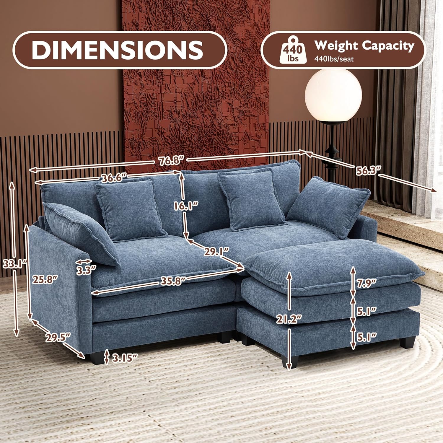 ihanherry 146-inch U-shaped modern sofa modular area cloud sofa wourant
