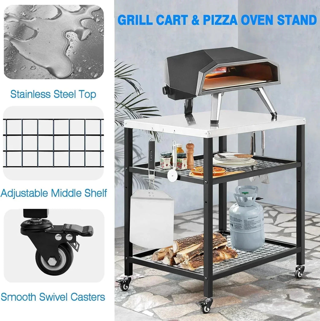 Stainless Steel Outdoor Grill Cart Pizza Oven Stand Trolley Table with Wheels Three-Shelf wourant