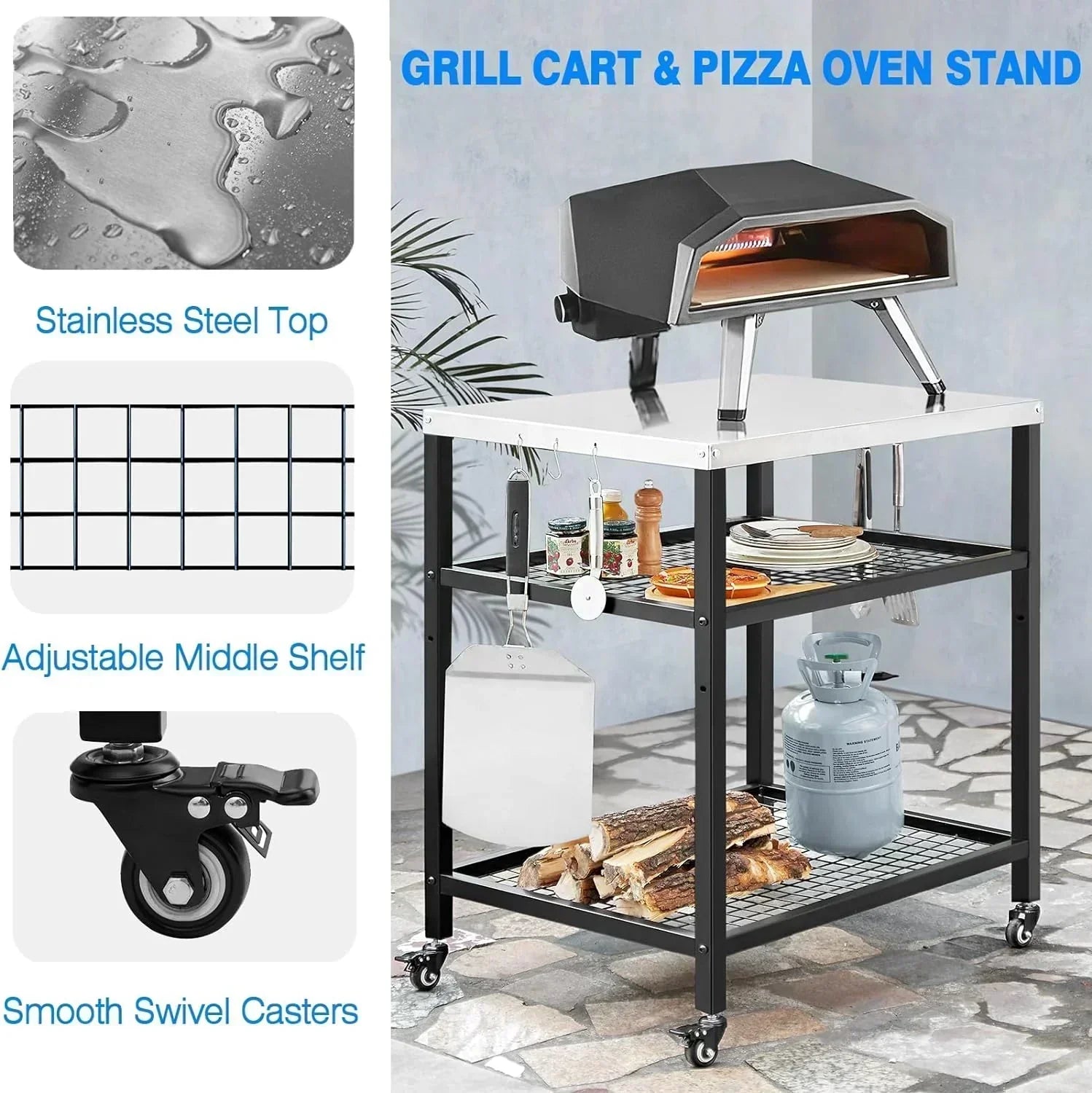 Stainless Steel Outdoor Grill Cart Pizza Oven Stand Trolley Table with Wheels Three-Shelf wourant