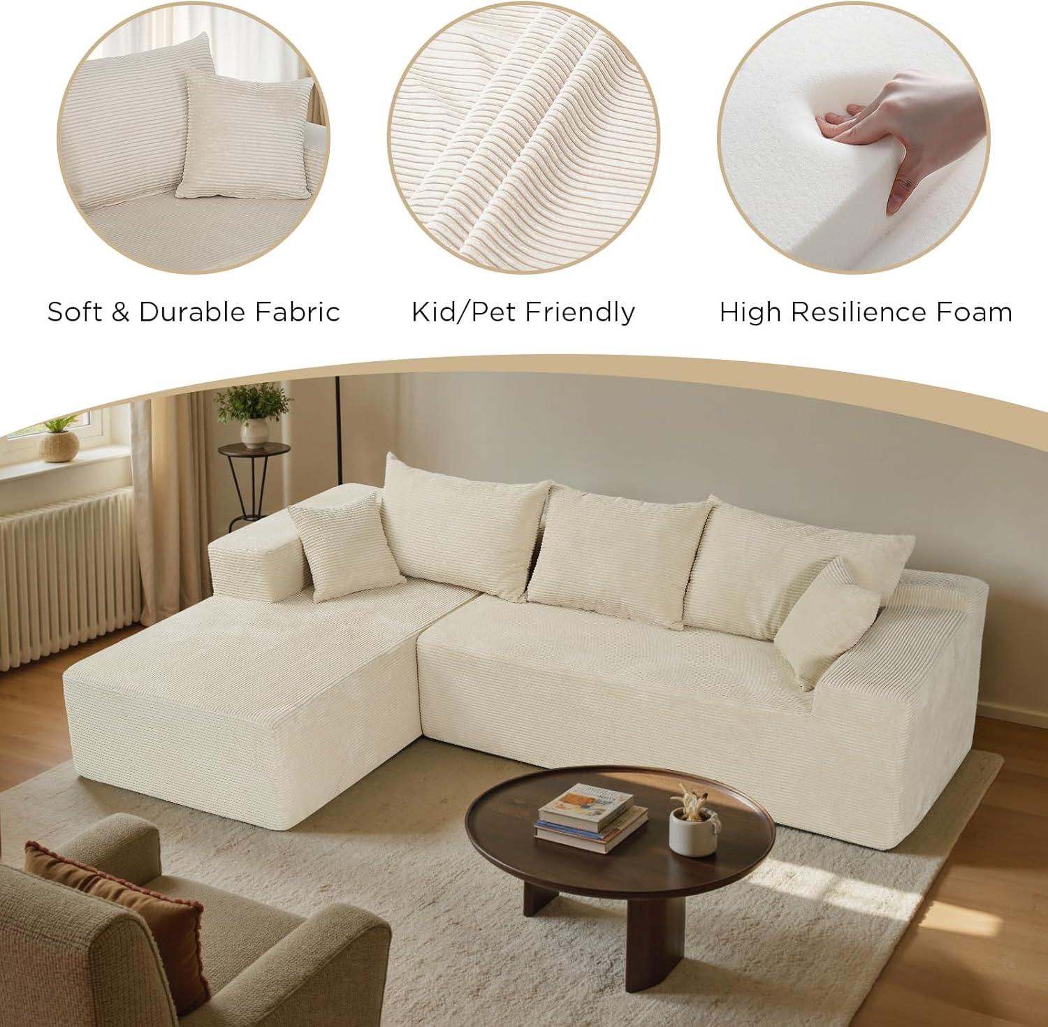 Cloud sofa with L-shaped lounge chair modern modular sofa with deep seats wourant