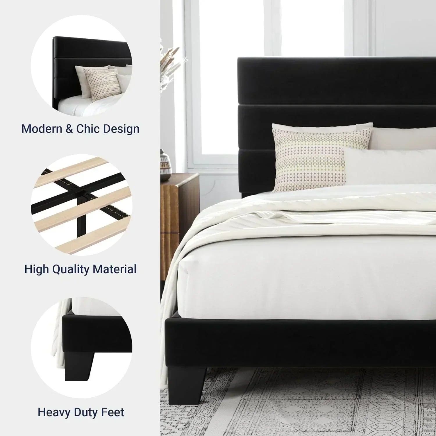 Allewie Queen Size Platform Bed Frame with Fabric Upholstered Headboard Wooden Slats Support wourant