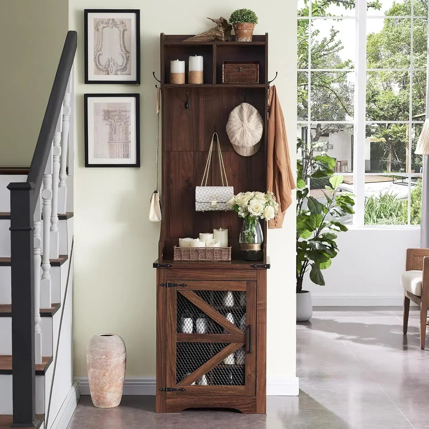 JXQTLINGMU 59-inch Farmhouse Foyer Tree Shoe Storage Entryway Bench Foyer Coat Rack Cabinet wourant