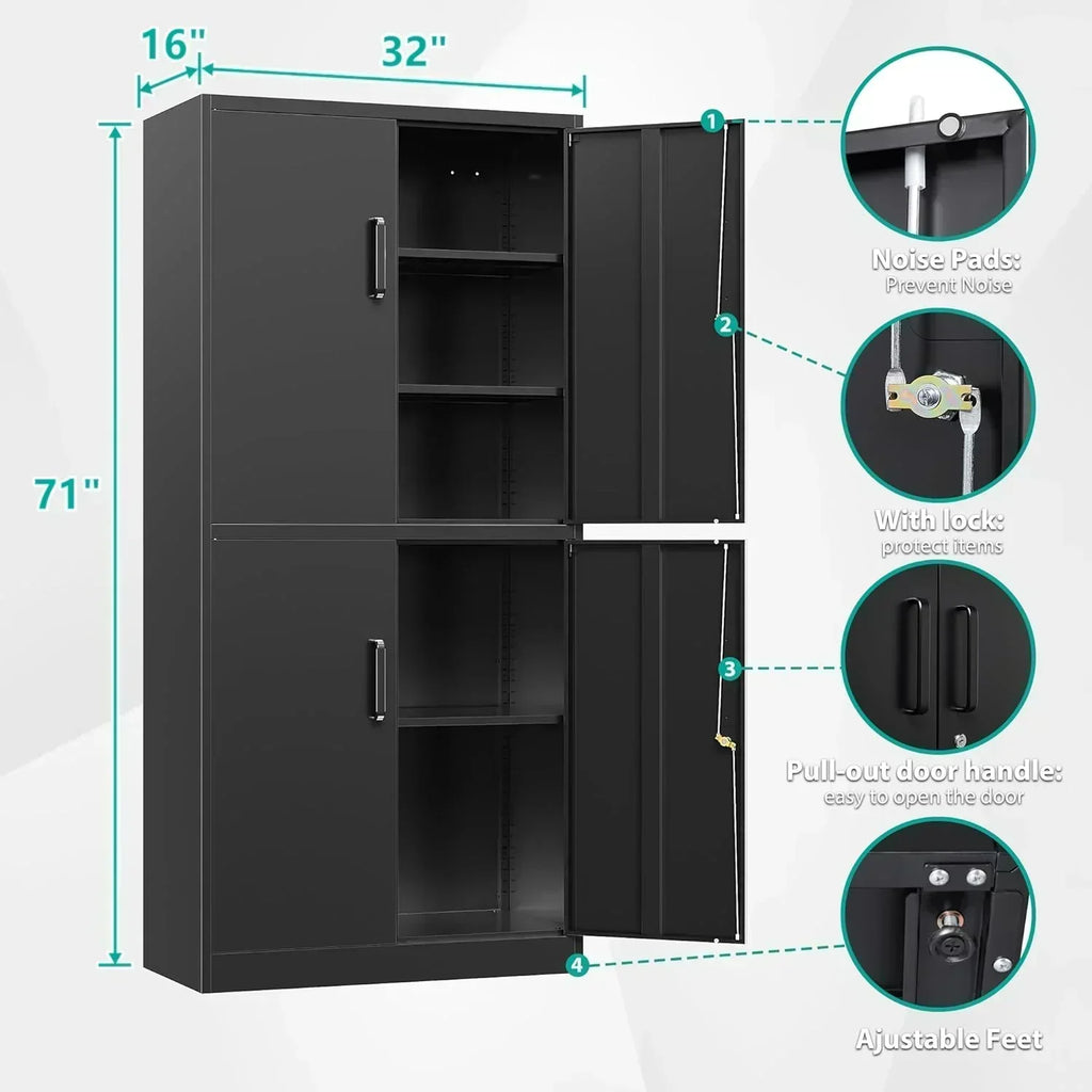 Metal Storage Cabinet with 2 Doors and 6 Shelves Black Metal Cabinet Garage Storage Cabinet wourant
