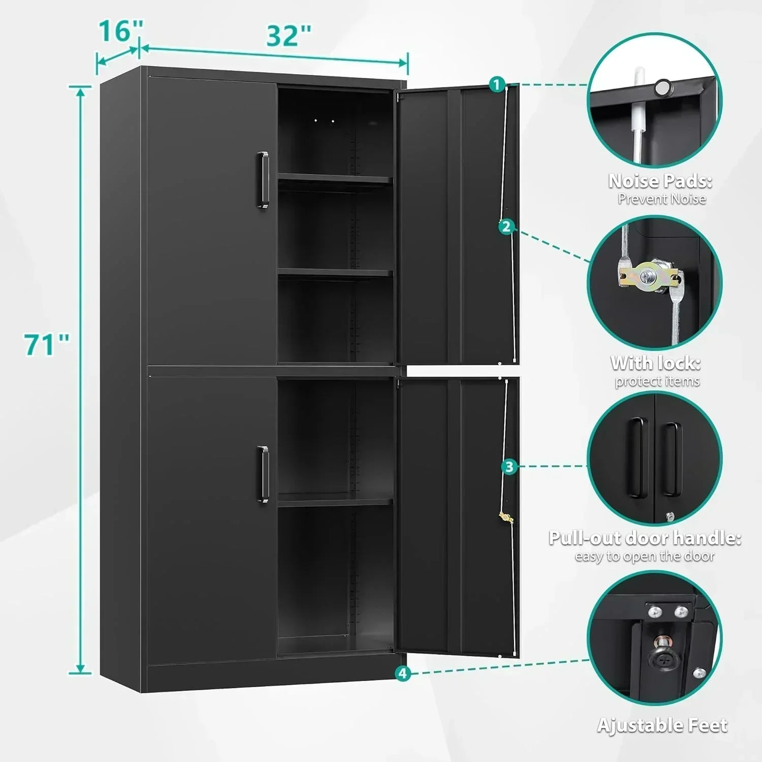 Metal Storage Cabinet with 2 Doors and 6 Shelves Black Metal Cabinet Garage Storage Cabinet wourant
