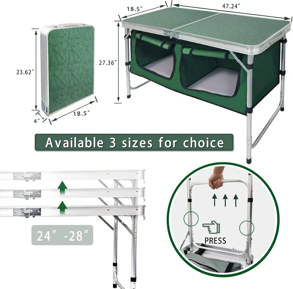 Outdoor Folding Table Aluminum Lightweight Height Adjustable with Storage Organizer wourant