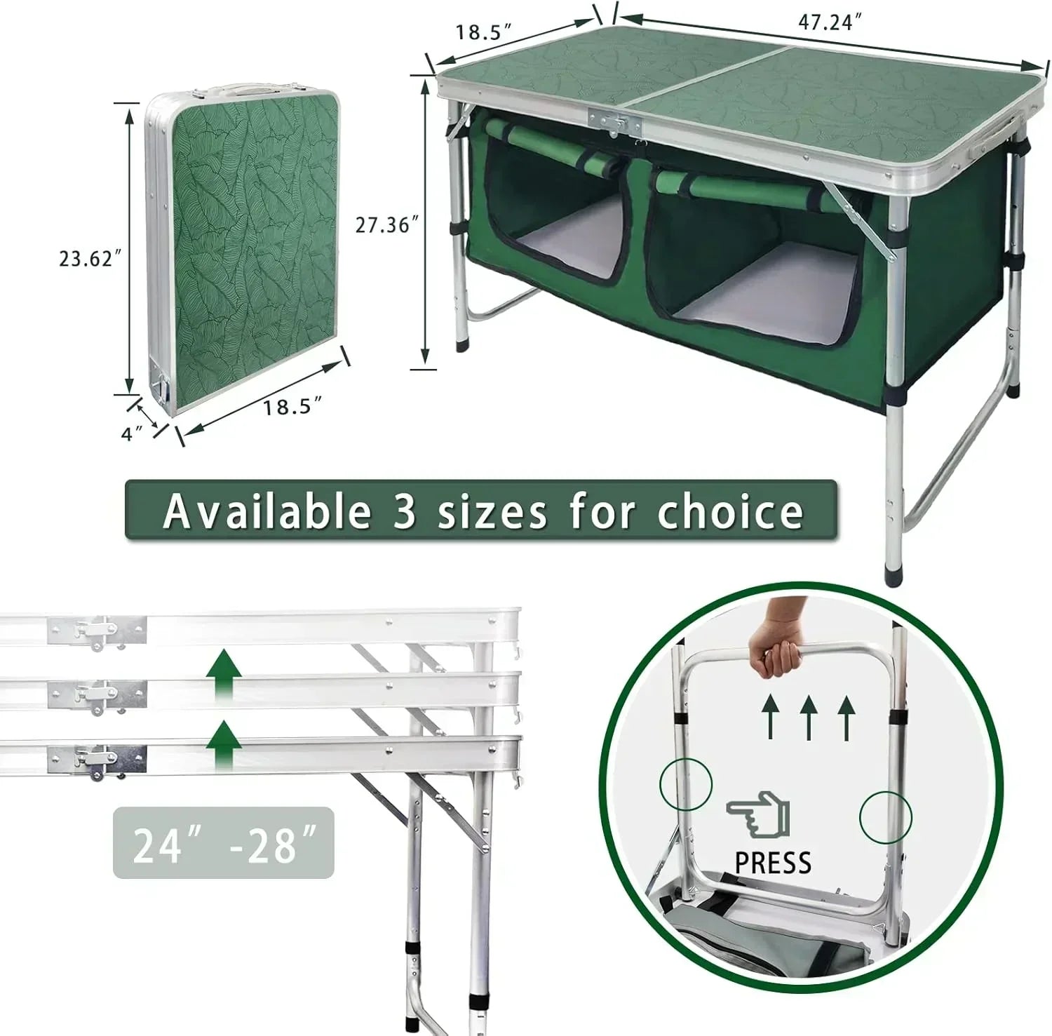 Outdoor Folding Table Aluminum Lightweight Height Adjustable with Storage Organizer wourant
