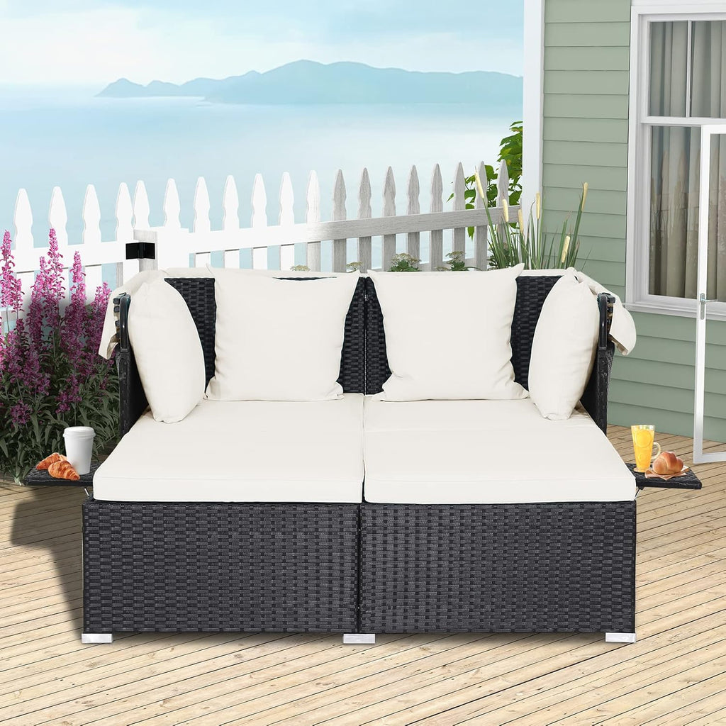 RELAX4LIFE Patio Outdoor Daybed with Canopy Wicker Sunbed Cushions 4 Pillows wourant