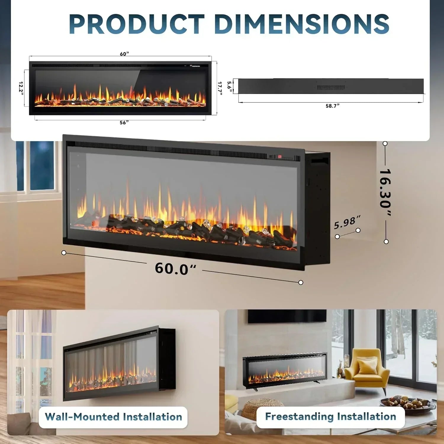 EUHOMY 50 Inch Electric Fireplace Wall Recessed Adjustable Flame Color Fireplace Heater wourant