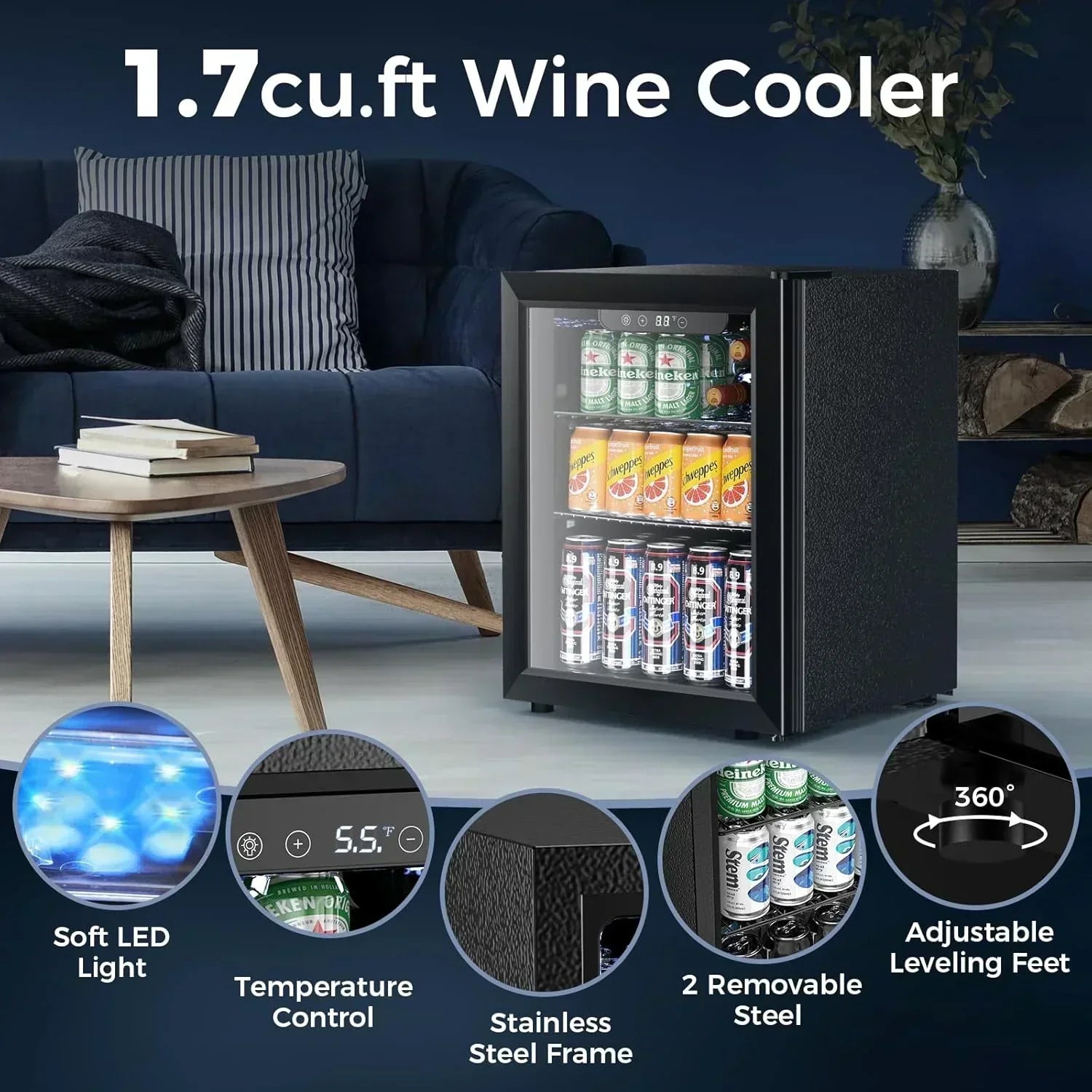 Mini Fridge 130 Can Beverage Refrigerator Cooler Drink Fridge Adjustable Temperature Control wourant