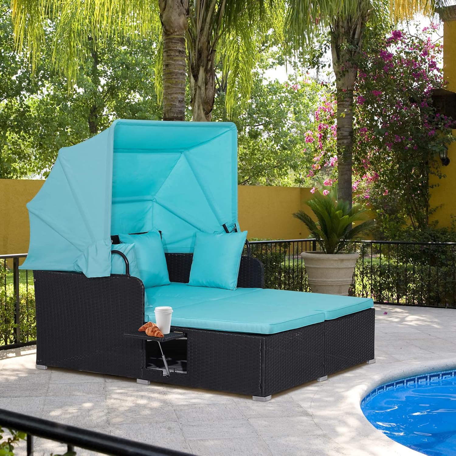 RELAX4LIFE Patio Outdoor Daybed with Canopy Wicker Sunbed Cushions 4 Pillows wourant