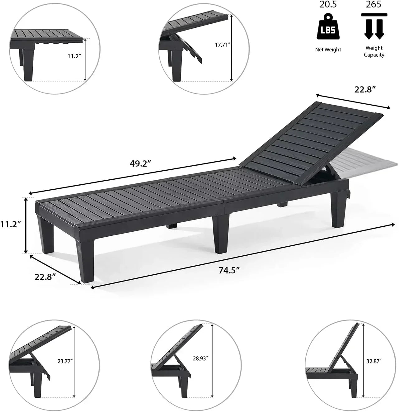 Patio Chairs Black Chaise Lounge Chair Outdoor 5-Position Adjustable Sun Tanning Chair wourant