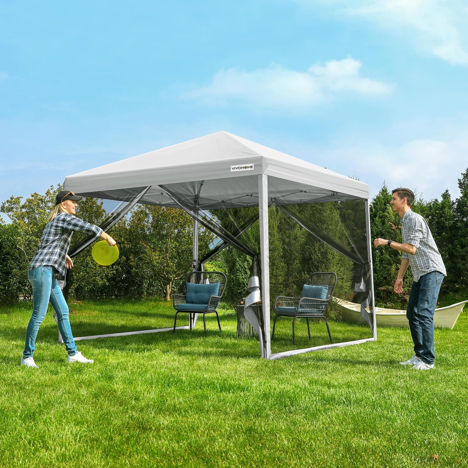 10x10ft Easy Pop-Up Canopy Outdoor Screen Tent with Mosquito Netting 2 Zipper Doors Roller Bag wourant