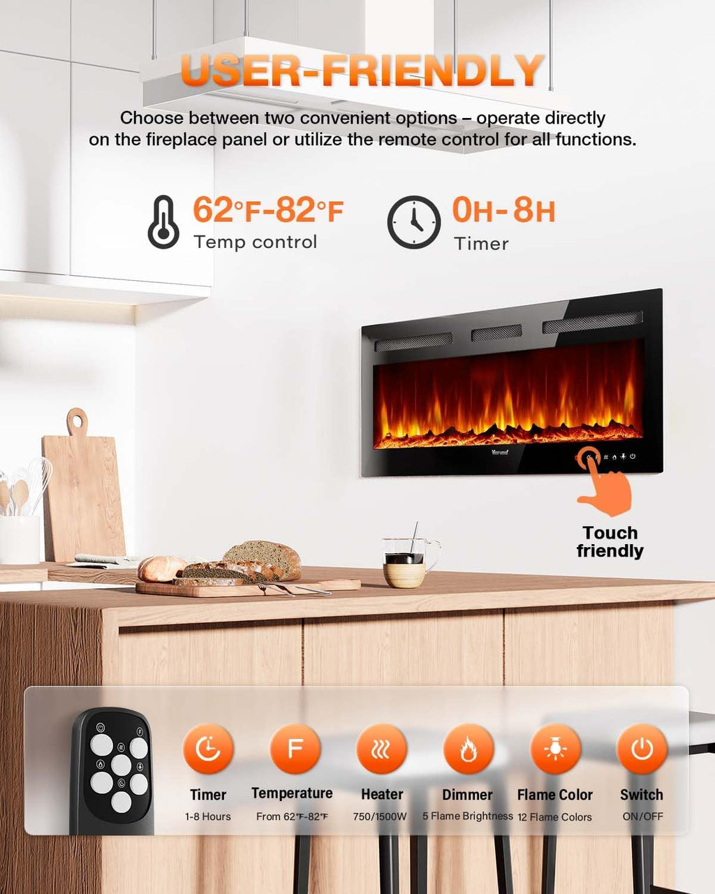 Electric Fireplace 60Inch Wall Mounted Electric Fireplace Heater with Timer Inserts TV Stand wourant