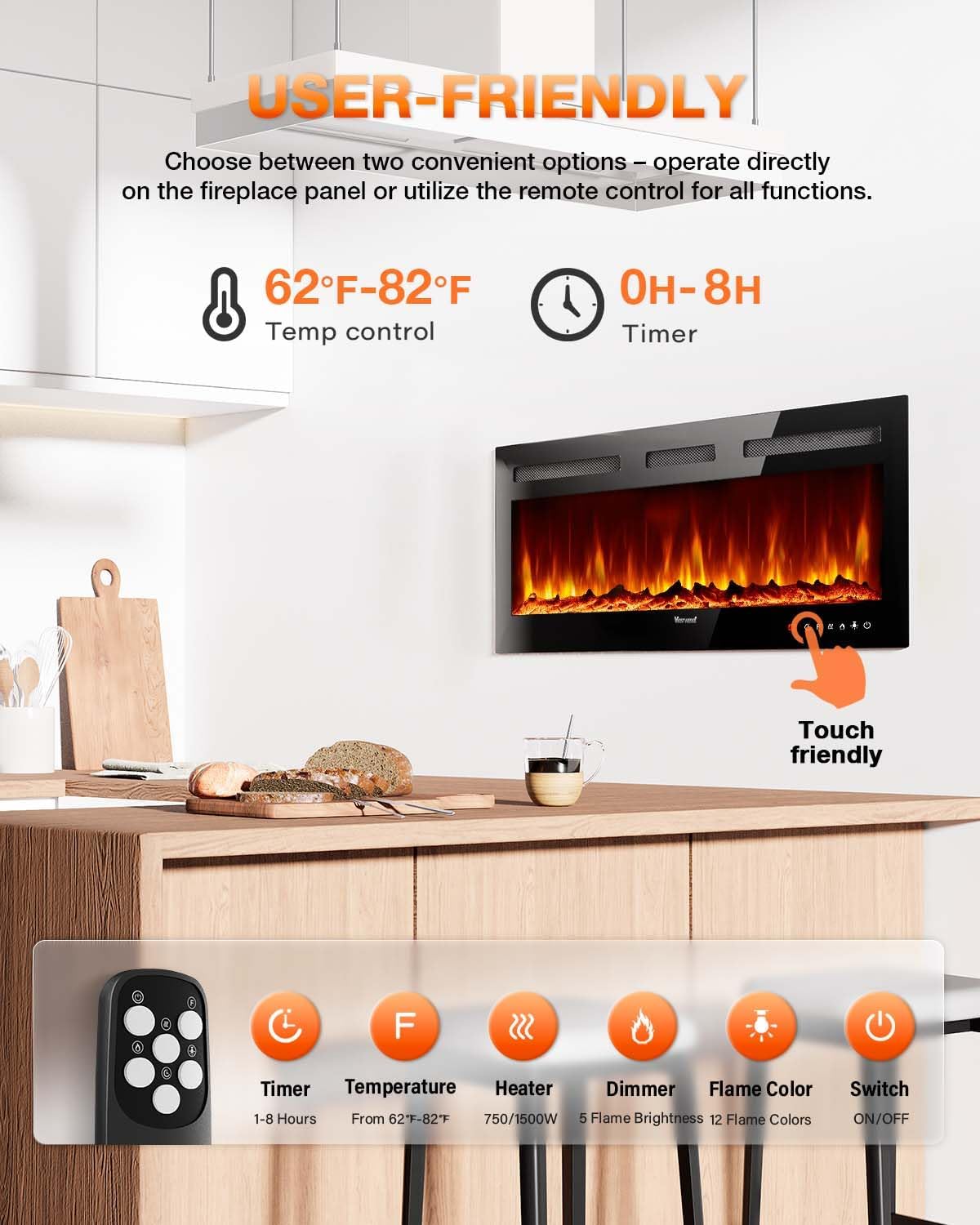 Electric Fireplace 60Inch Wall Mounted Electric Fireplace Heater with Timer Inserts TV Stand wourant