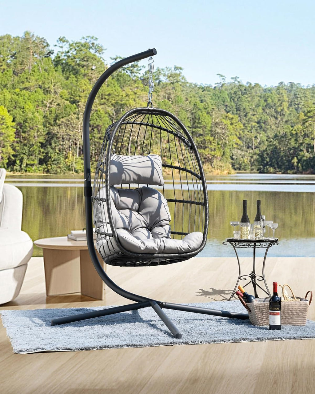 HWB Hanging Egg Chair with Stand Patio Wicker Hammock Egg Swing Chair Cushion for Bedroom wourant
