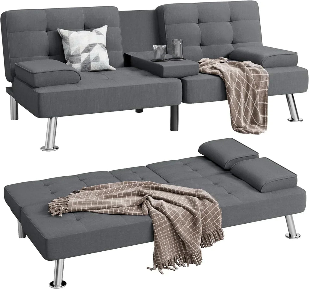 Shahoo Modern Linen Upholstered Convertible Folding Futon Sofa Bed with Removable Armrests wourant