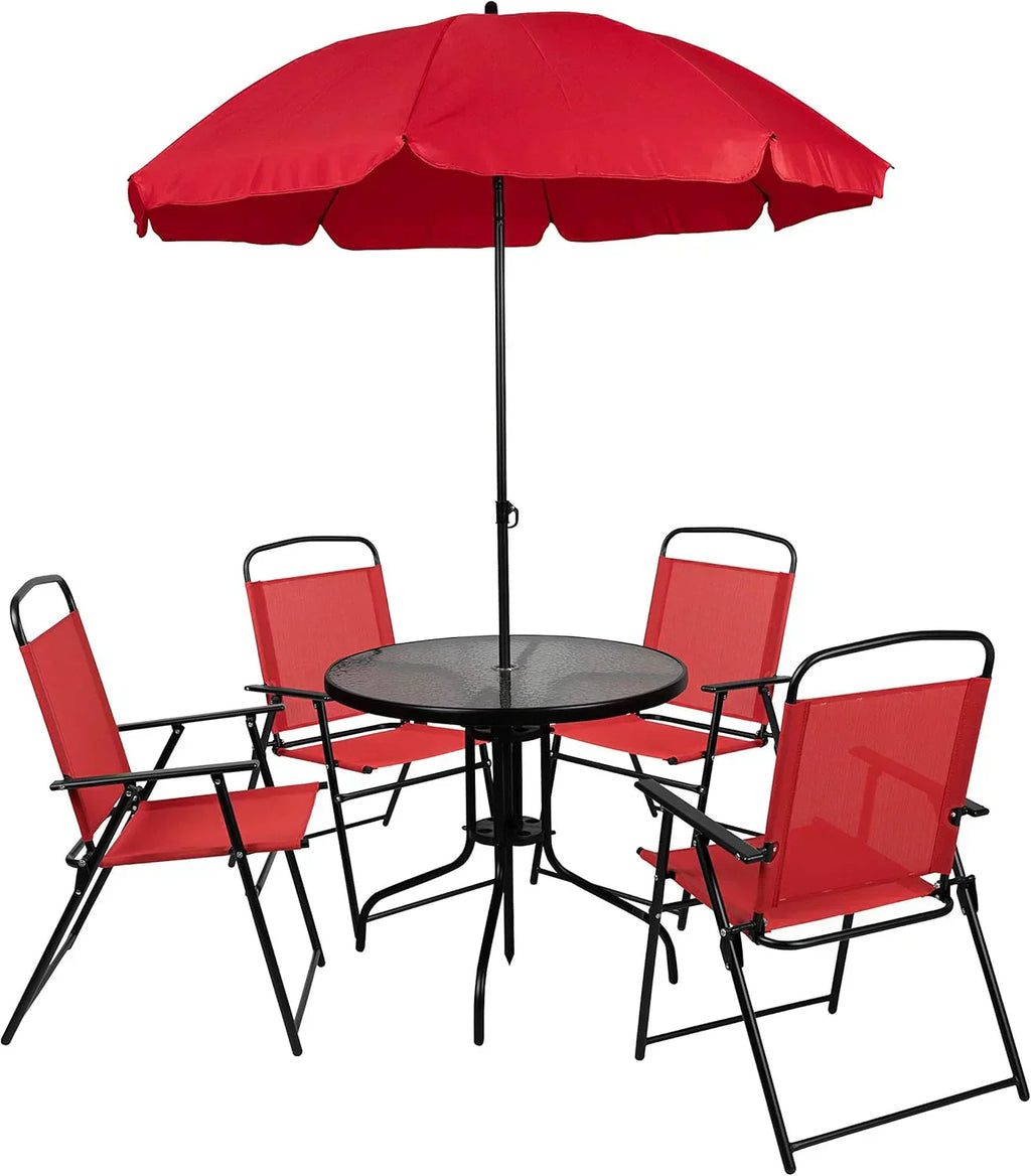 EMMA + OLIVER 6 Piece Brown Patio Garden Set with Umbrella Table Set of 4 Folding Chairs wourant