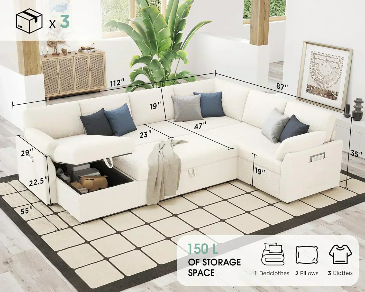 VanAcc Sofa Bed Sleeper Sofa with Storage Chaise 2 in 1 Pull Out Couch Living Room wourant