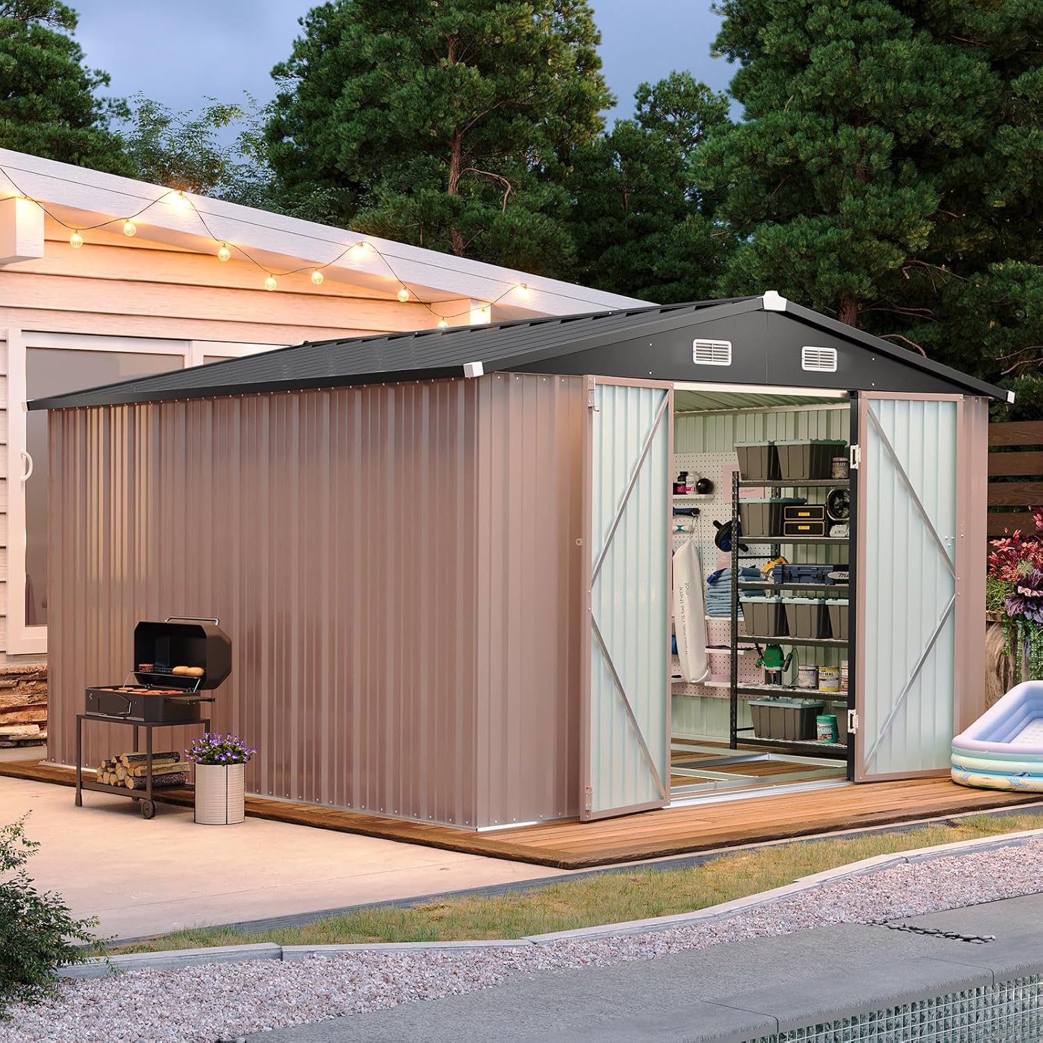 Aoxun 12x10 FT Shed Metal Outdoor Waterproof Storage Shed Steel Utility Garden Tool Shed wourant