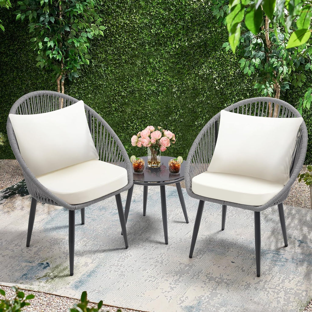 3 Piece Bistro Set Woven Rope Chair with Cushions All Weather Patio Conversation Set Side Table wourant