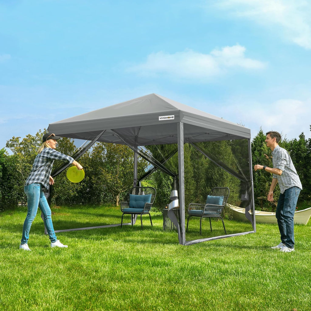 10x10ft Easy Pop-Up Canopy Outdoor Screen Tent with Mosquito Netting 2 Zipper Doors Roller Bag wourant
