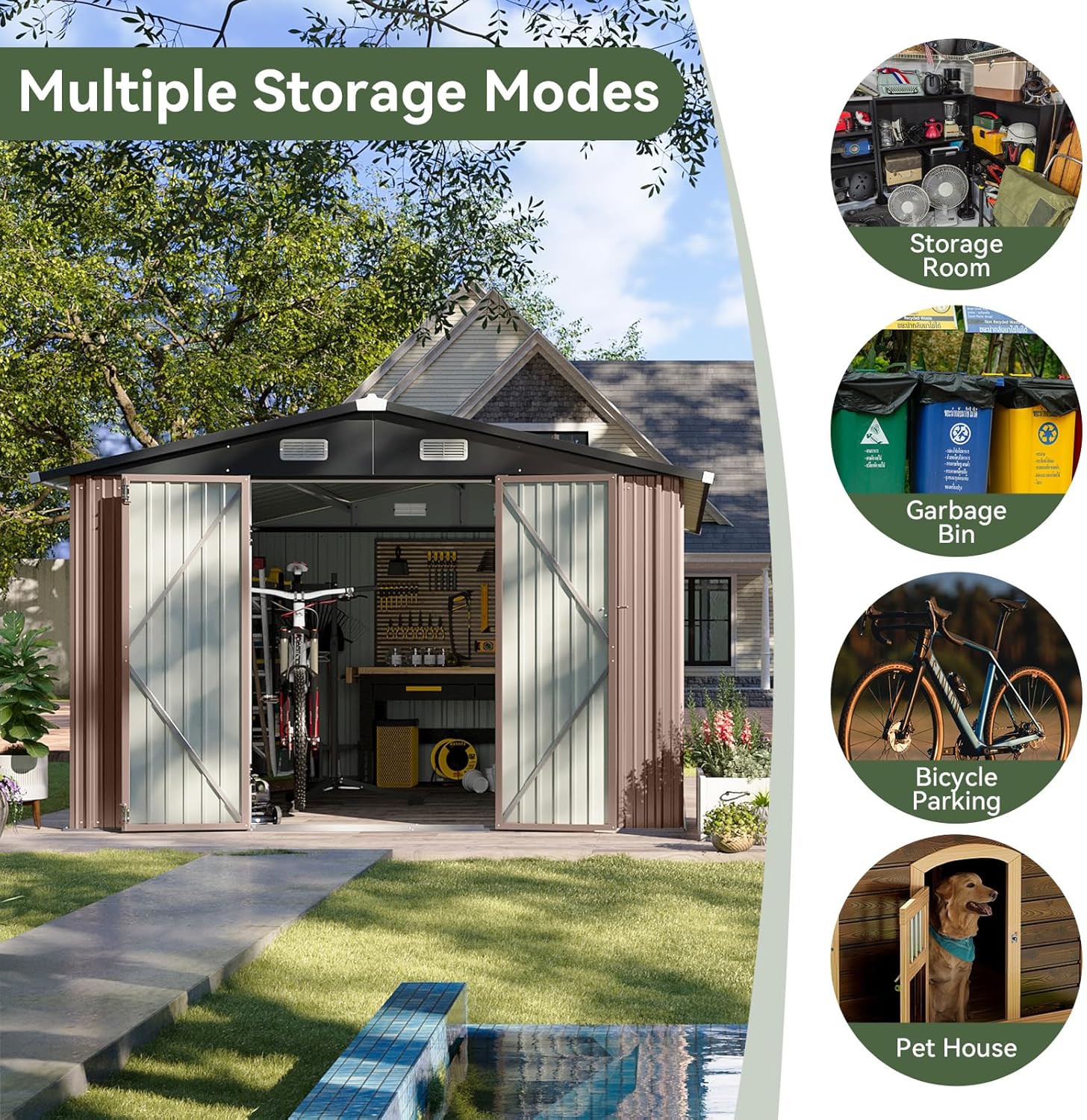 Aoxun 12x10 FT Shed Metal Outdoor Waterproof Storage Shed Steel Utility Garden Tool Shed wourant