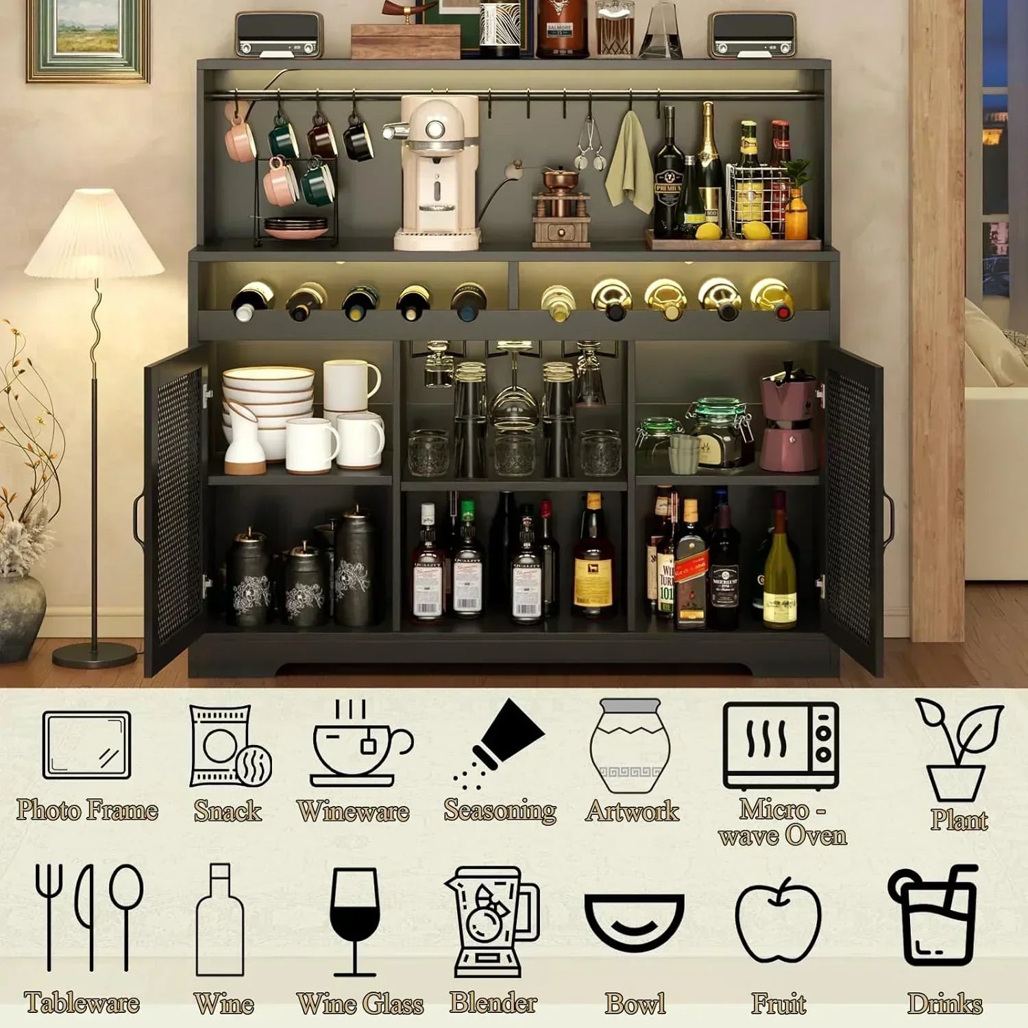Wine Bar Cabinet with LED Light Liquor Cabinet with Glass Holder Coffee Bar for Liquor wourant