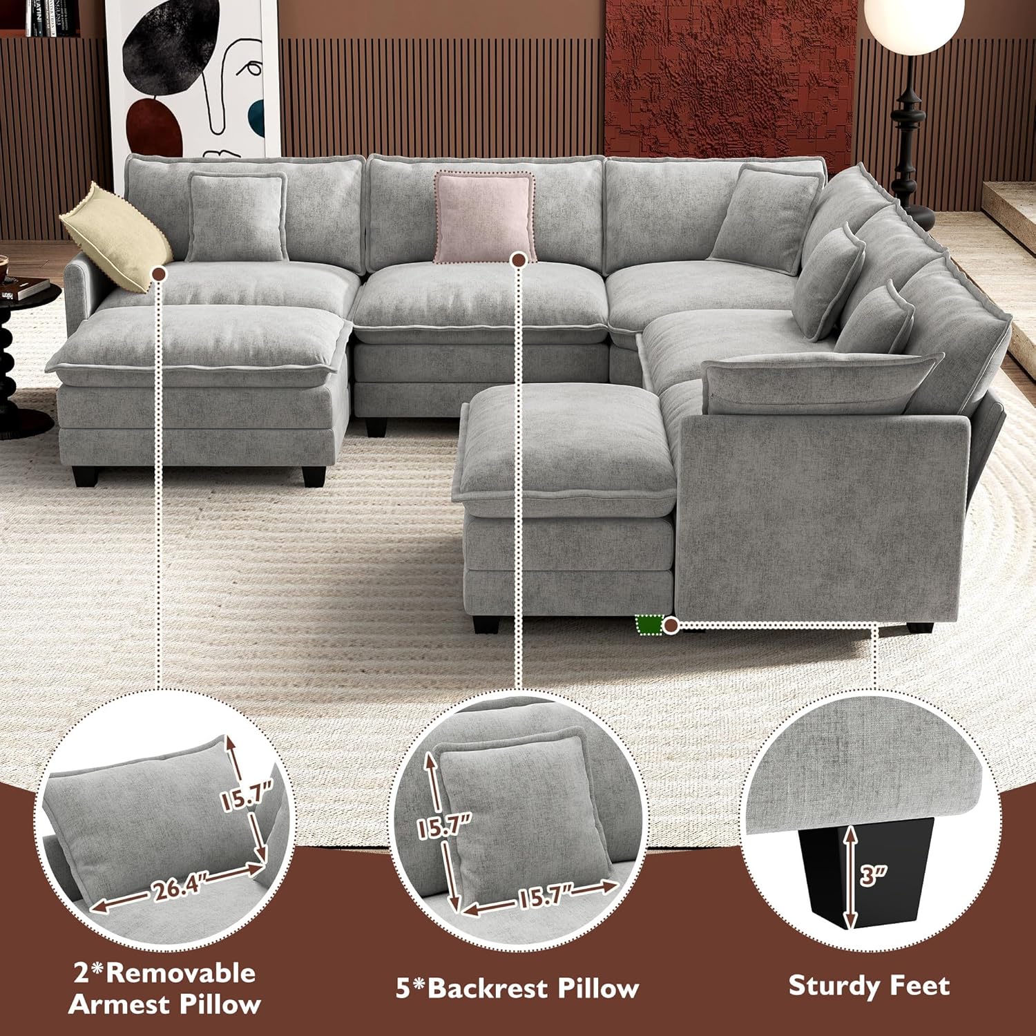 ihanherry 146-inch U-shaped modern sofa modular area cloud sofa wourant