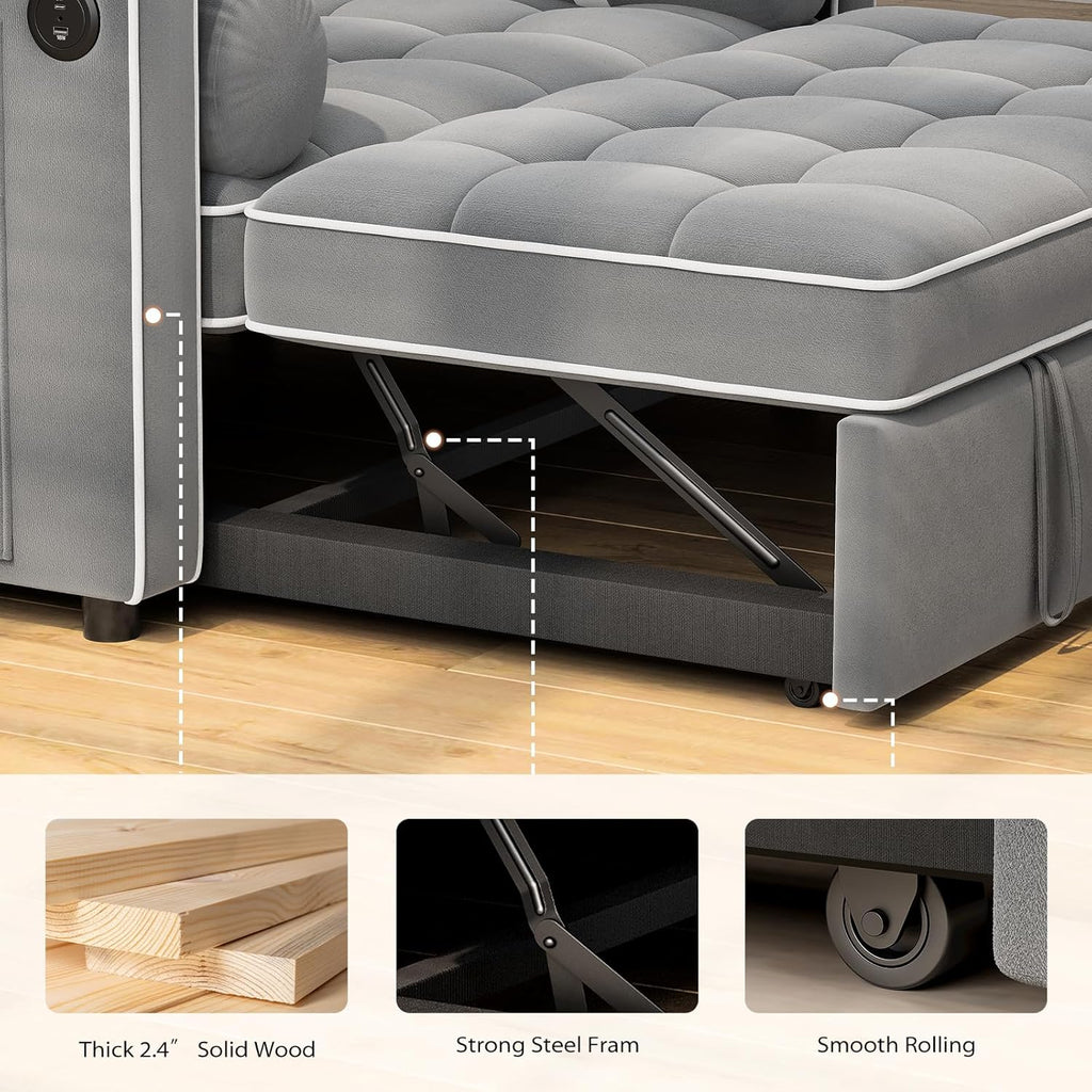 Pipishell 3 in 1 Convertible Sleeper Sofa Bed Pull Out Couch for Living Room USB Ports Side Pockets wourant