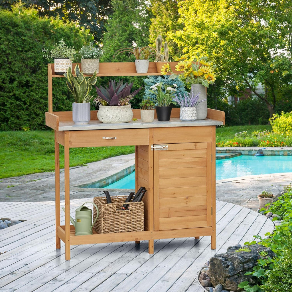 Yaheetech Outdoor Garden Potting Bench Table Work Bench Metal Tabletop Cabinet Drawer wourant