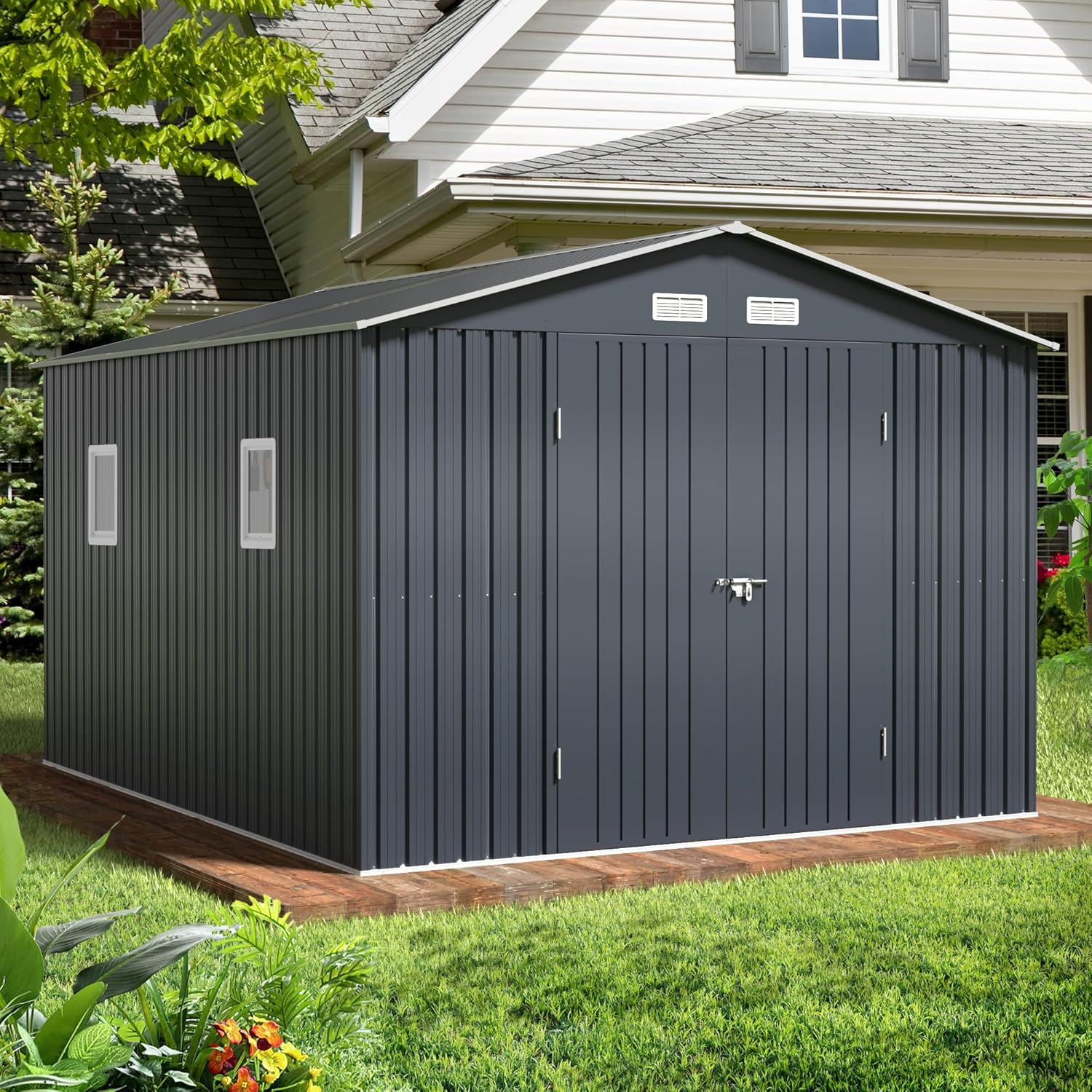 Breezz 8X10FT Outdoor Steel Storage Shed Lockable Doors Weather-Resistant Metal Tool Shed wourant