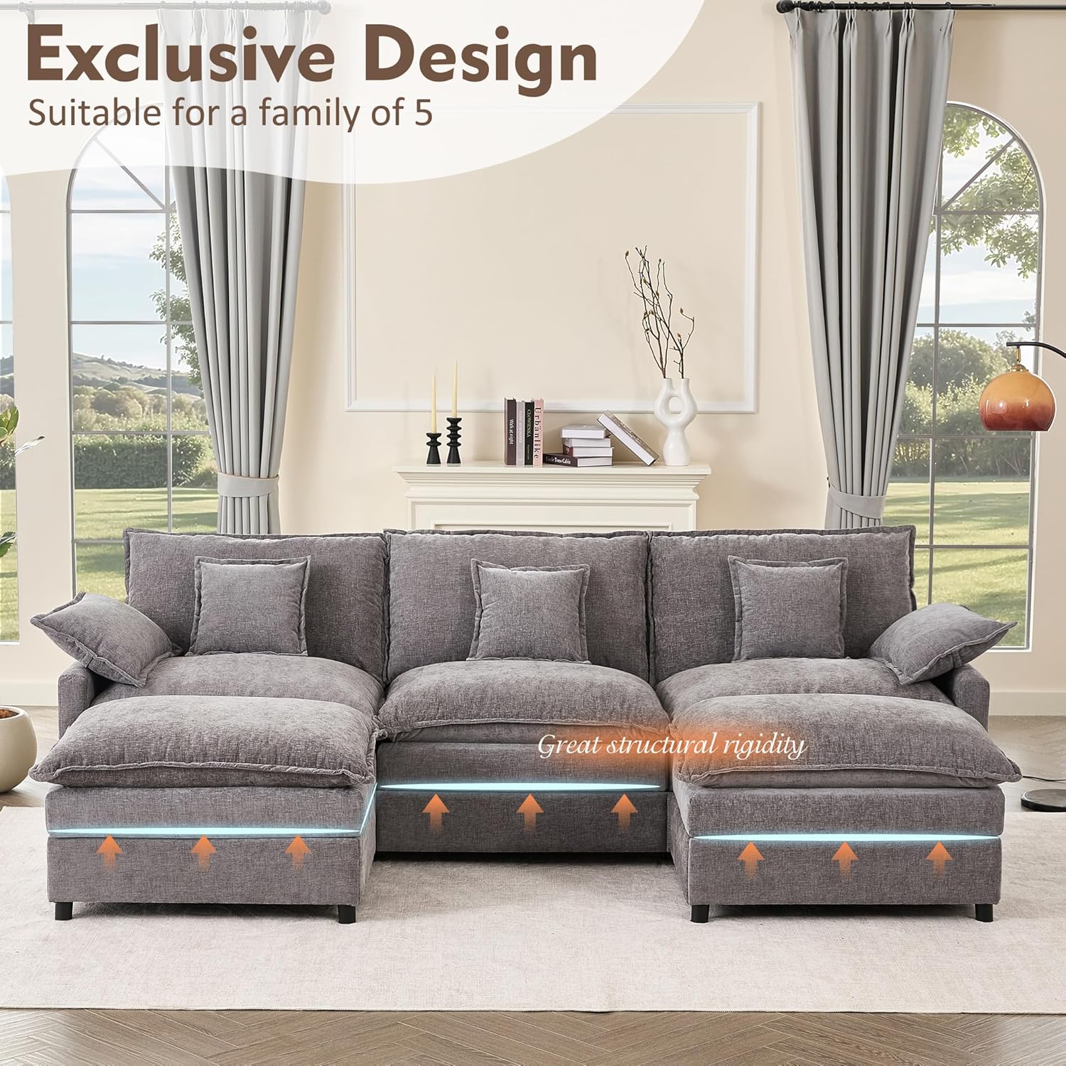108 Inch U Shape Sofa Sectional Sofa Comfortable Cloud Sofa with Removable Footstool wourant