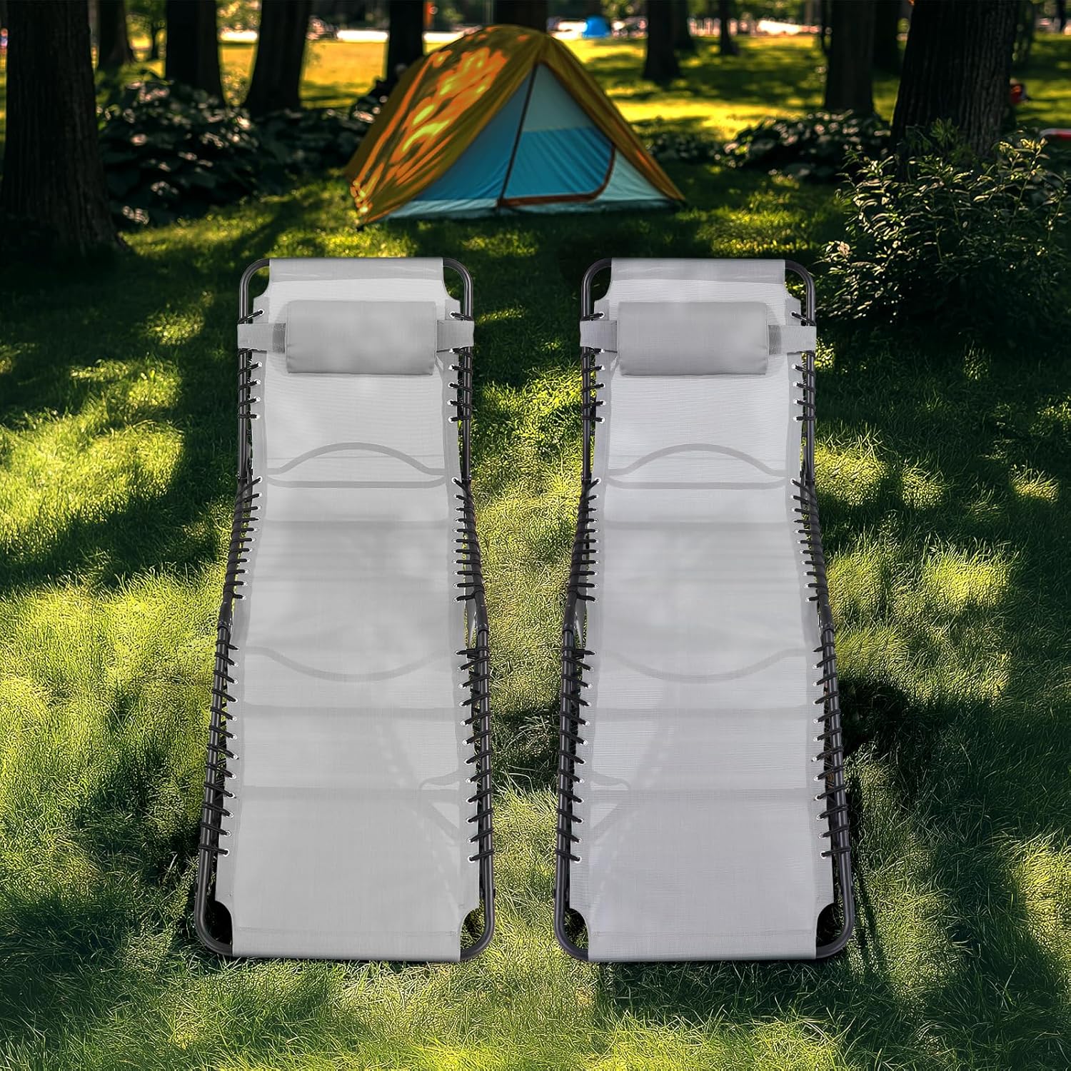 Unovivy Outdoor Chaise Lounge Chairs Set of 2, Portable Folding Pool Lounge Chair with 5-Position Reclining Back, Teslin Tanning Chair for Pool, Beach, Patio, Sunbathing wourant