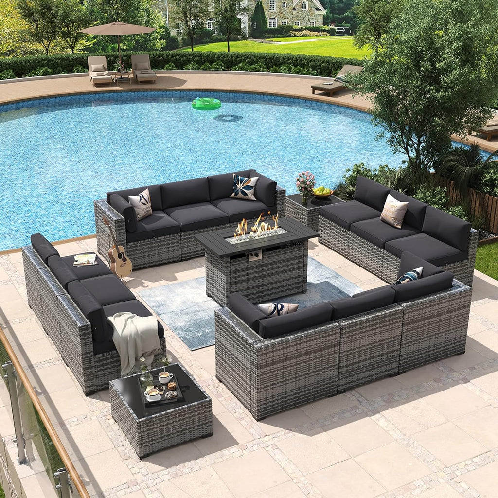 Aoxun 8 Piece Patio Furniture Set with 44?Fire Pit Table Wicker Rattan Outdoor Sectional Sofa Set with Coffee Table and Thickened Cushions, Beige (Waterproof Cover Included) woonhhop