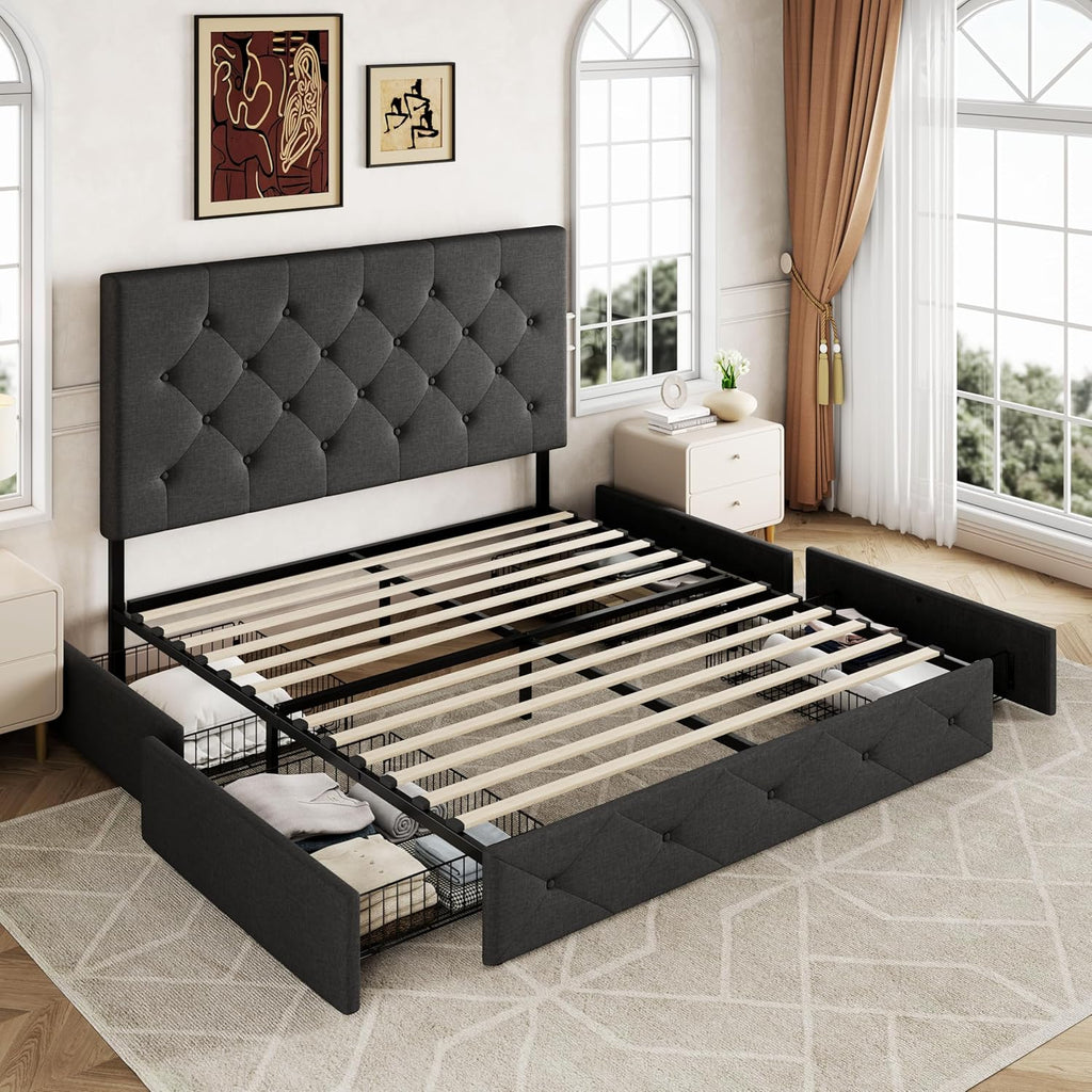 Allewie Upholstered Queen Size Platform Bed Frame with 4 Storage Drawers and Headboard wourant
