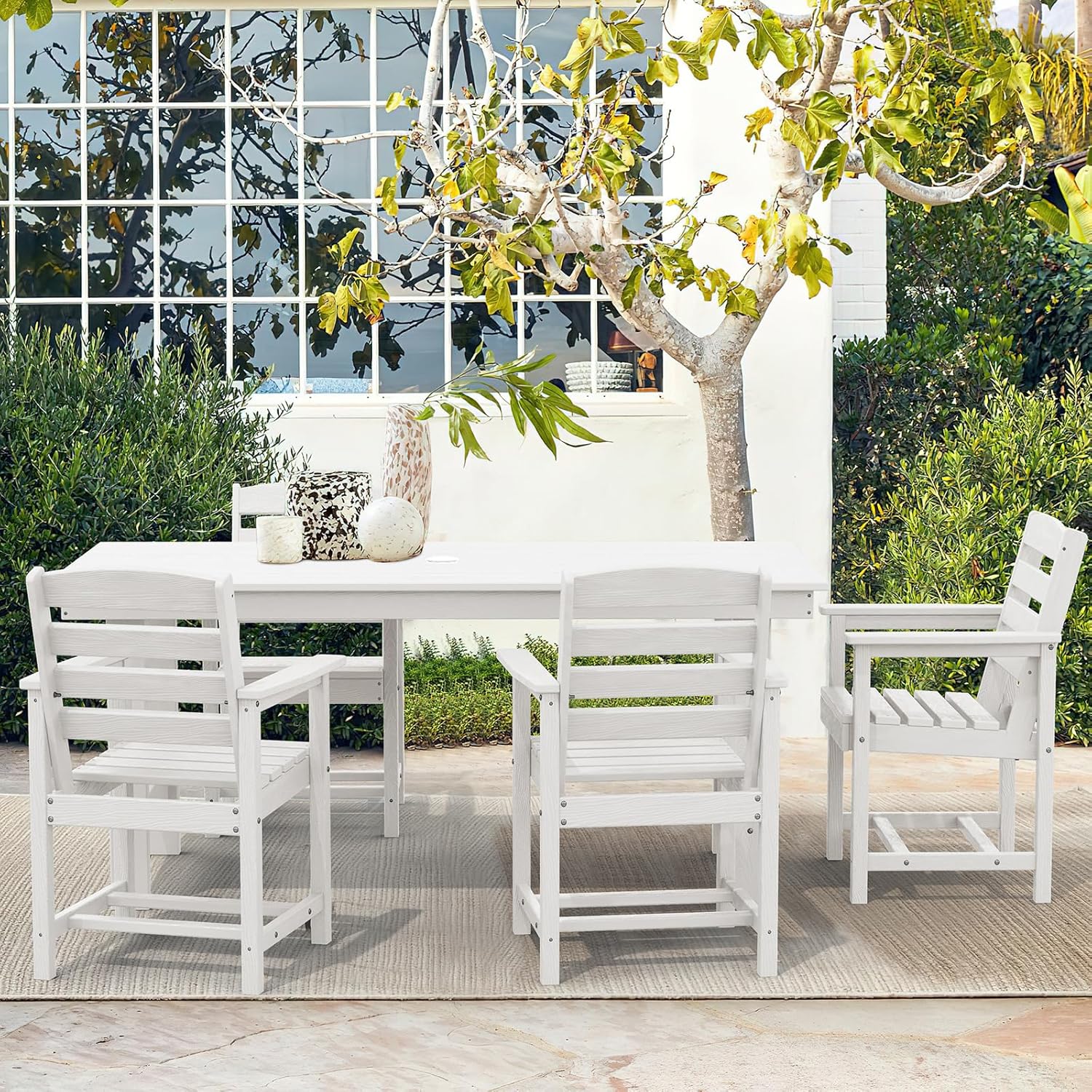 Outdoor HDPE Dining Table Set, 7-Piece Outdoor Dining Table Sets with Umbrella Hole Cut-Out Table and 6 Chairs wourant