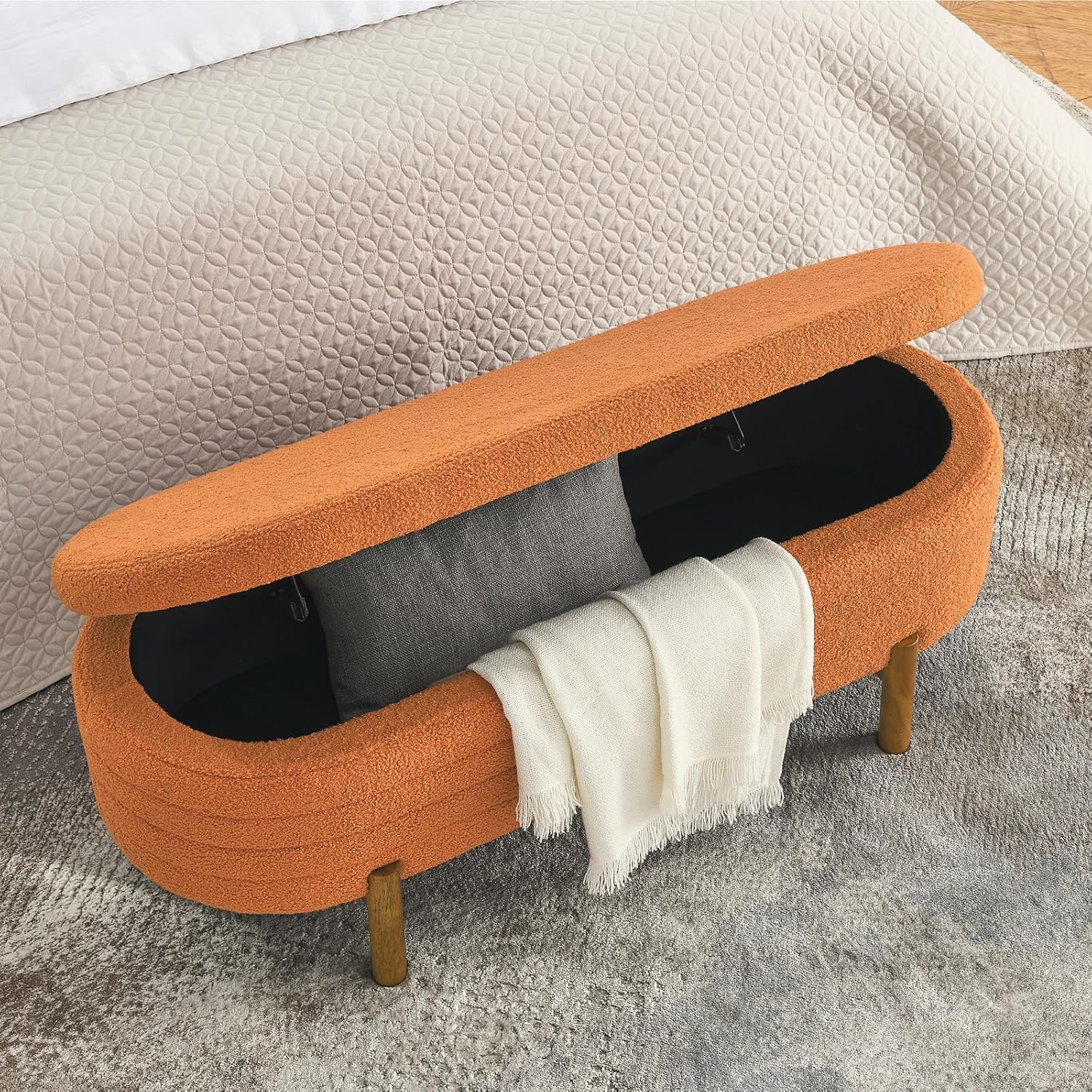 Furniliving Modern Storage Ottoman Bench, Sherpa Ottoman End of Bed Bench with Solid Wood Legs Upholstered Ottoman Benches with Storage Indoor Bench wourant