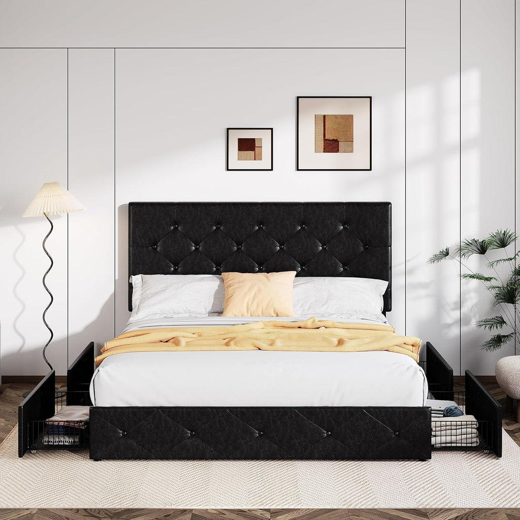 Allewie Upholstered Queen Size Platform Bed Frame with 4 Storage Drawers and Headboard wourant