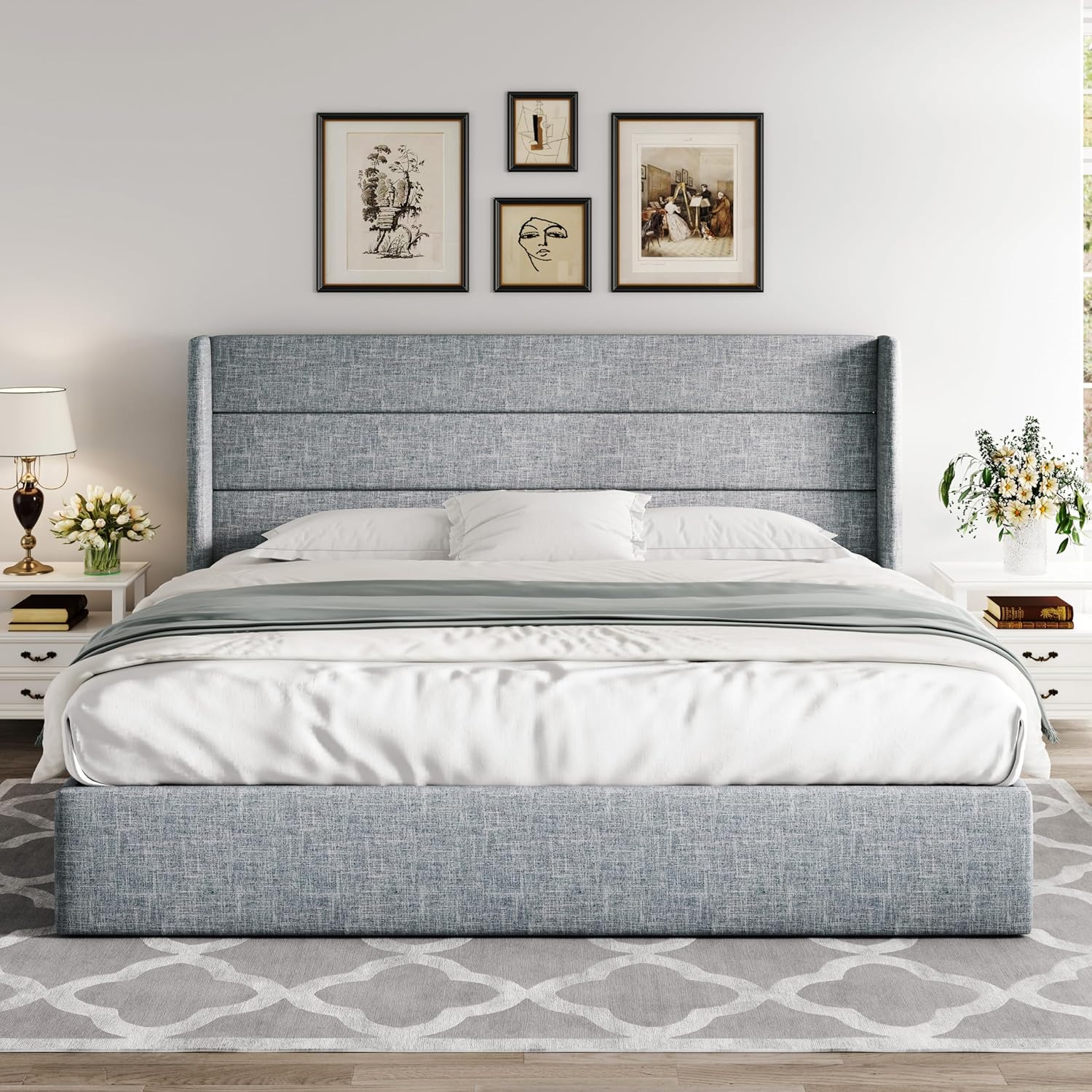 Allewie Queen Size Lift Up Storage Bed Modern Wingback Headboard Hydraulic Support wourant