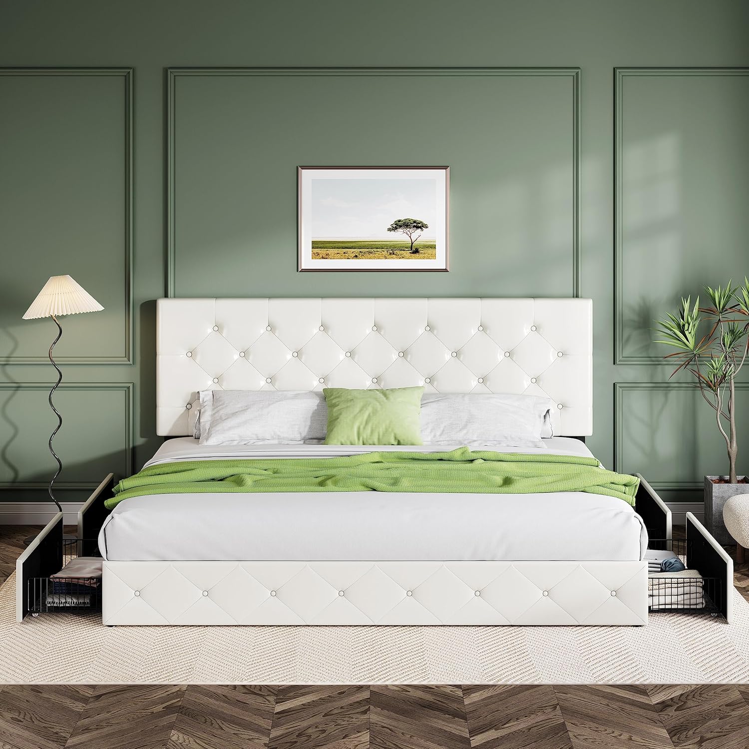 Allewie Upholstered Queen Size Platform Bed Frame with 4 Storage Drawers and Headboard wourant