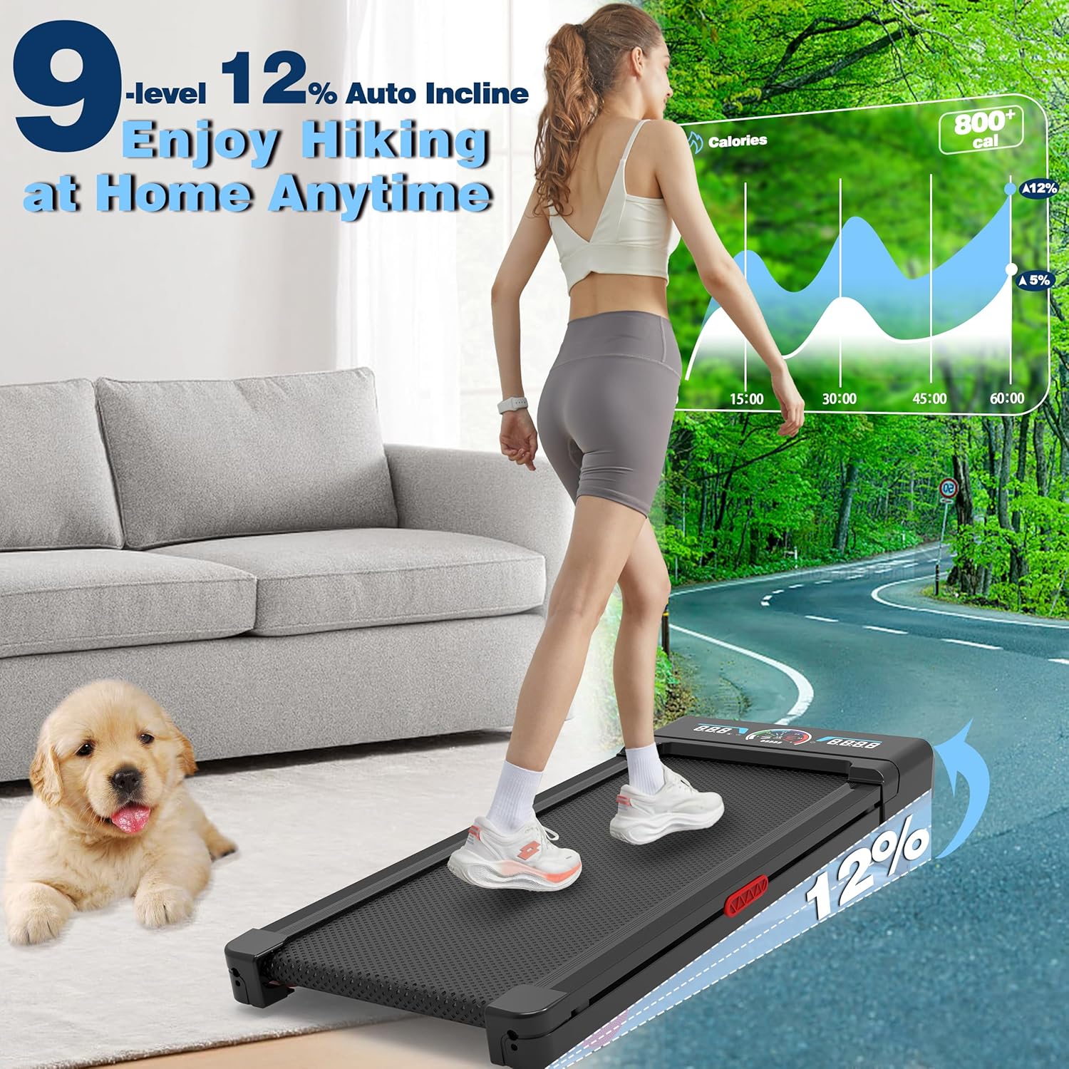 Walking Pad Treadmill with 12% 9-Level Auto Incline, 450 lbs Capacity RGB LED Screen, Bluetooth Speaker Under Desk Treadmill, Compact Treadmills for Home Hiking wourant